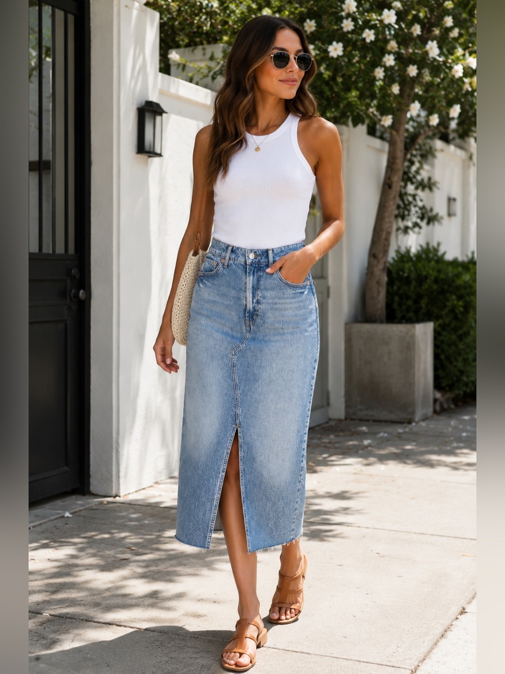GAP Light Blue Wash Denim Pencil Skirt, Raw Hem Front Slit Western Boho Tall 6T - Picture 5 of 16